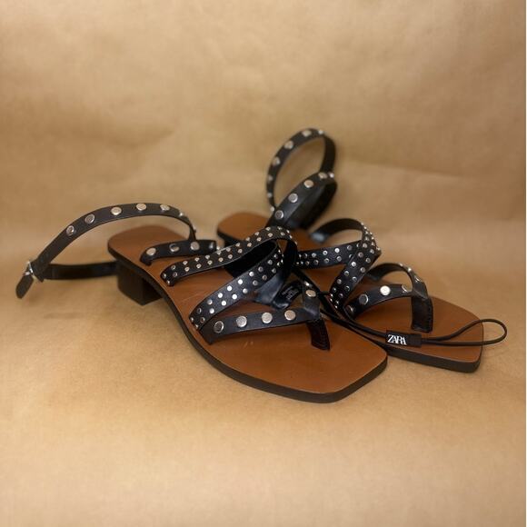 BNWT Zara Studded Genuine Leather Heeled Sandals SZ EU 37 - Picture 1 of 7